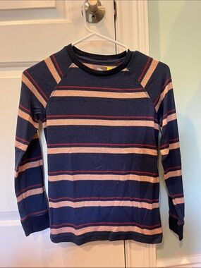 Navy Striped Crewneck Sweater with Pink and Red Stripes